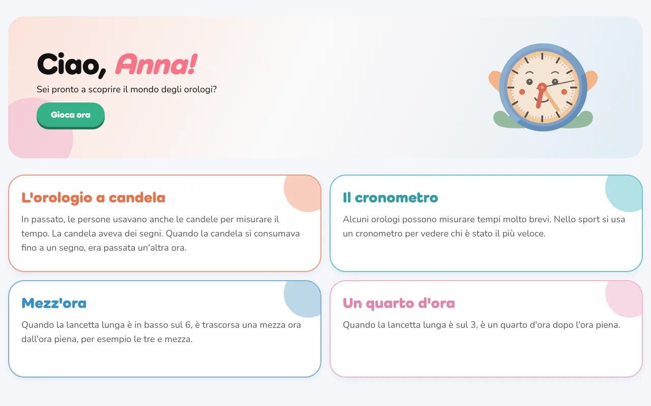 «Il mio spazio» con saluto, pulsante di gioco e carte del sapere.