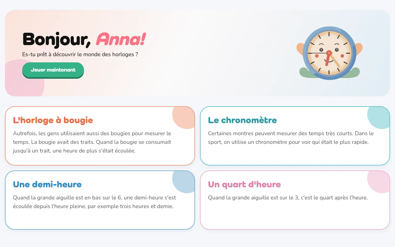 « Mon espace » avec accueil, bouton de jeu et cartes de savoir.