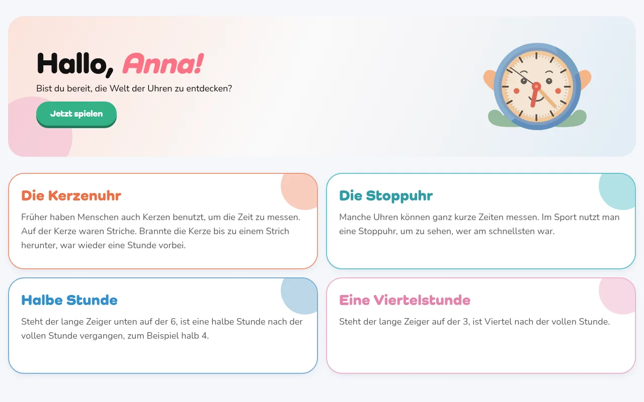 „Mein Zuhause“ mit Begrüssung, „Jetzt spielen“-Knopf und Wissens-Karten.
