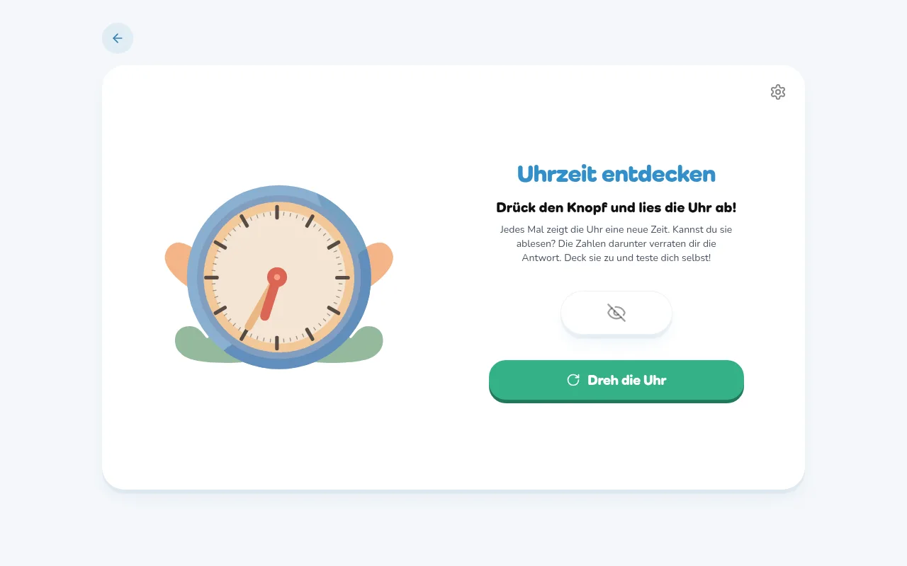 „Uhrzeit entdecken“: Uhr drehen, ablesen, Antwort aufdecken, ganz ohne Punktedruck.