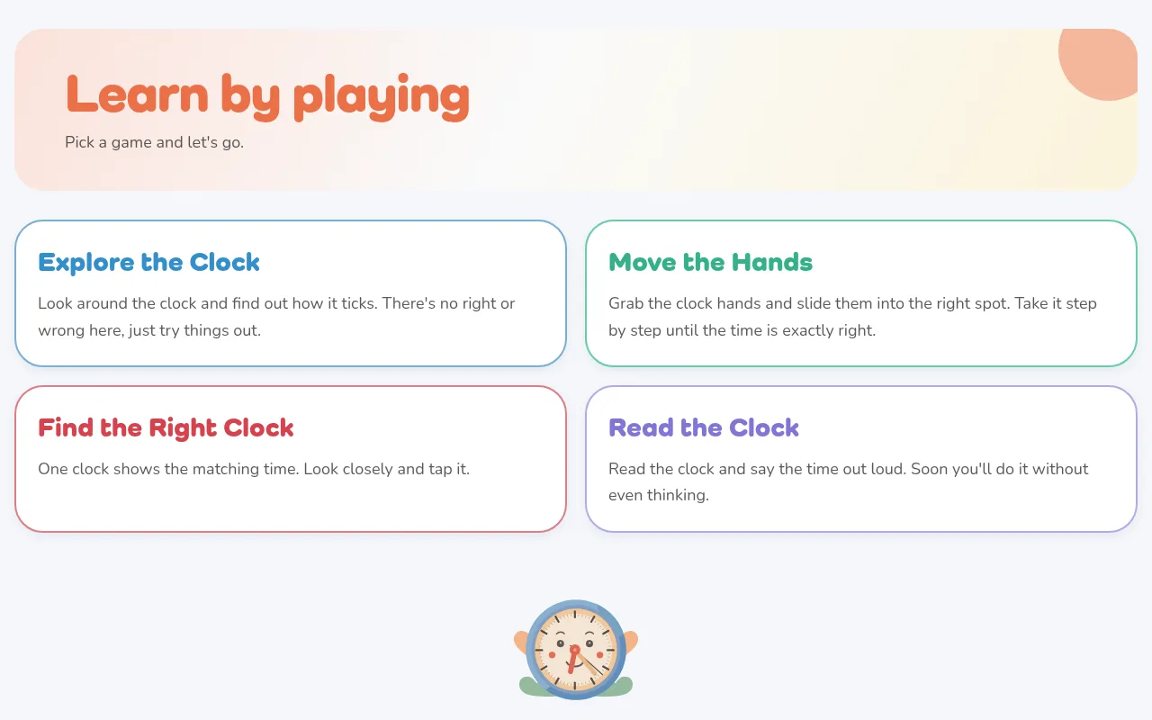 The "Play & Learn" game picker with the four exercises.