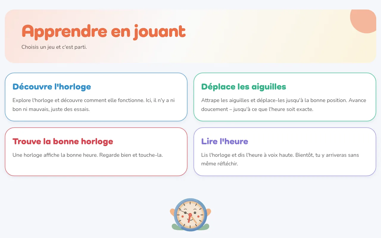 Le choix des jeux « Apprendre en jouant » avec les quatre exercices.