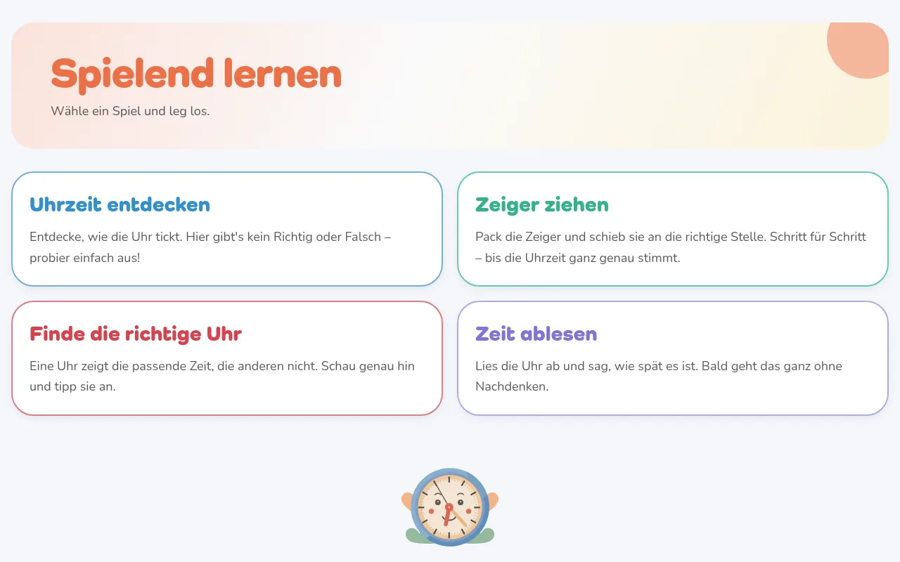 Die Spielauswahl „Spielend lernen“ mit den vier Übungen.