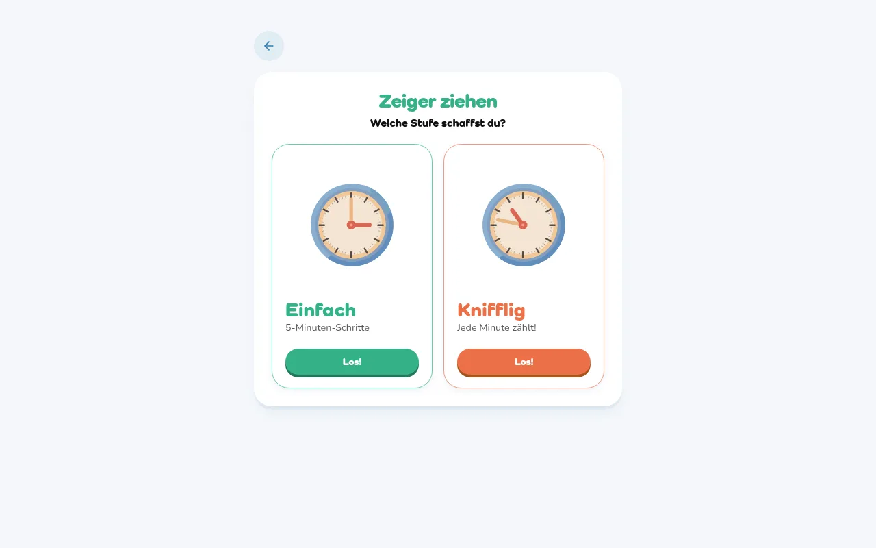 Vor jeder Runde wählt das Kind zwischen „Einfach“ (5-Minuten-Schritte) und „Knifflig“ (minutengenau).