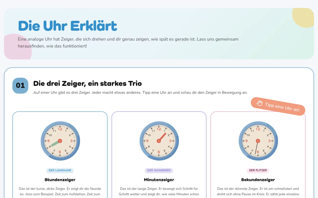 Kapitel 1 der Theorie: die drei Zeiger, jede Uhr lässt sich antippen und animiert ihren Zeiger.