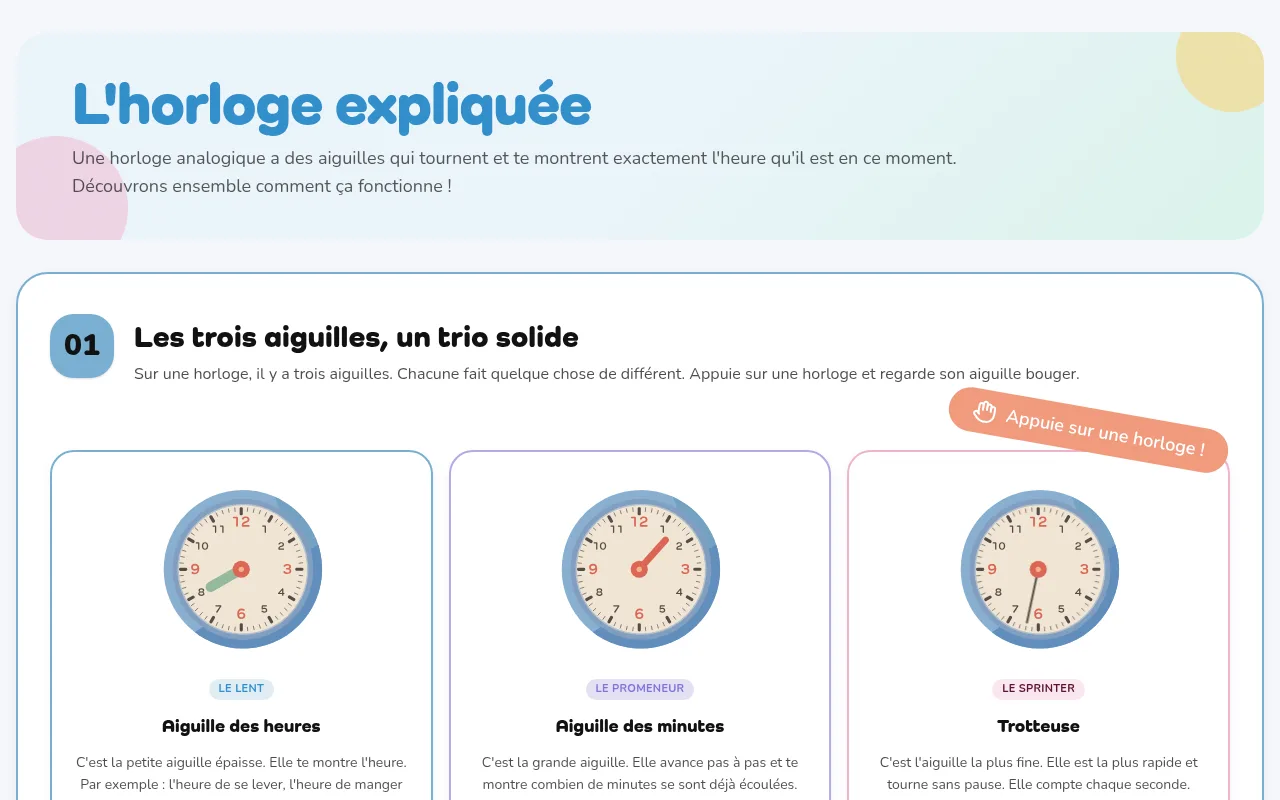 Chapitre 1 de la théorie : les trois aiguilles, chaque horloge se touche et anime son aiguille.