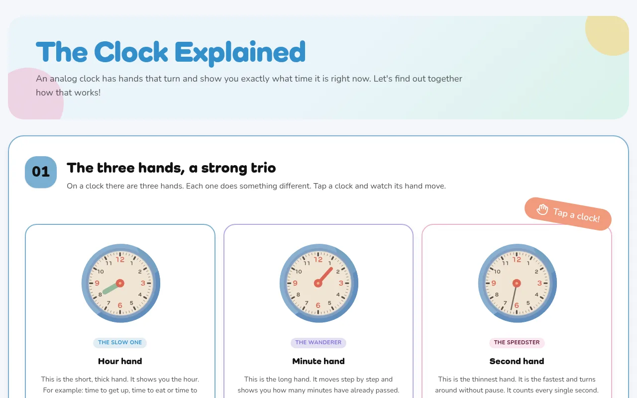 Chapter 1 of the theory: the three hands, every clock can be tapped and animates its hand.