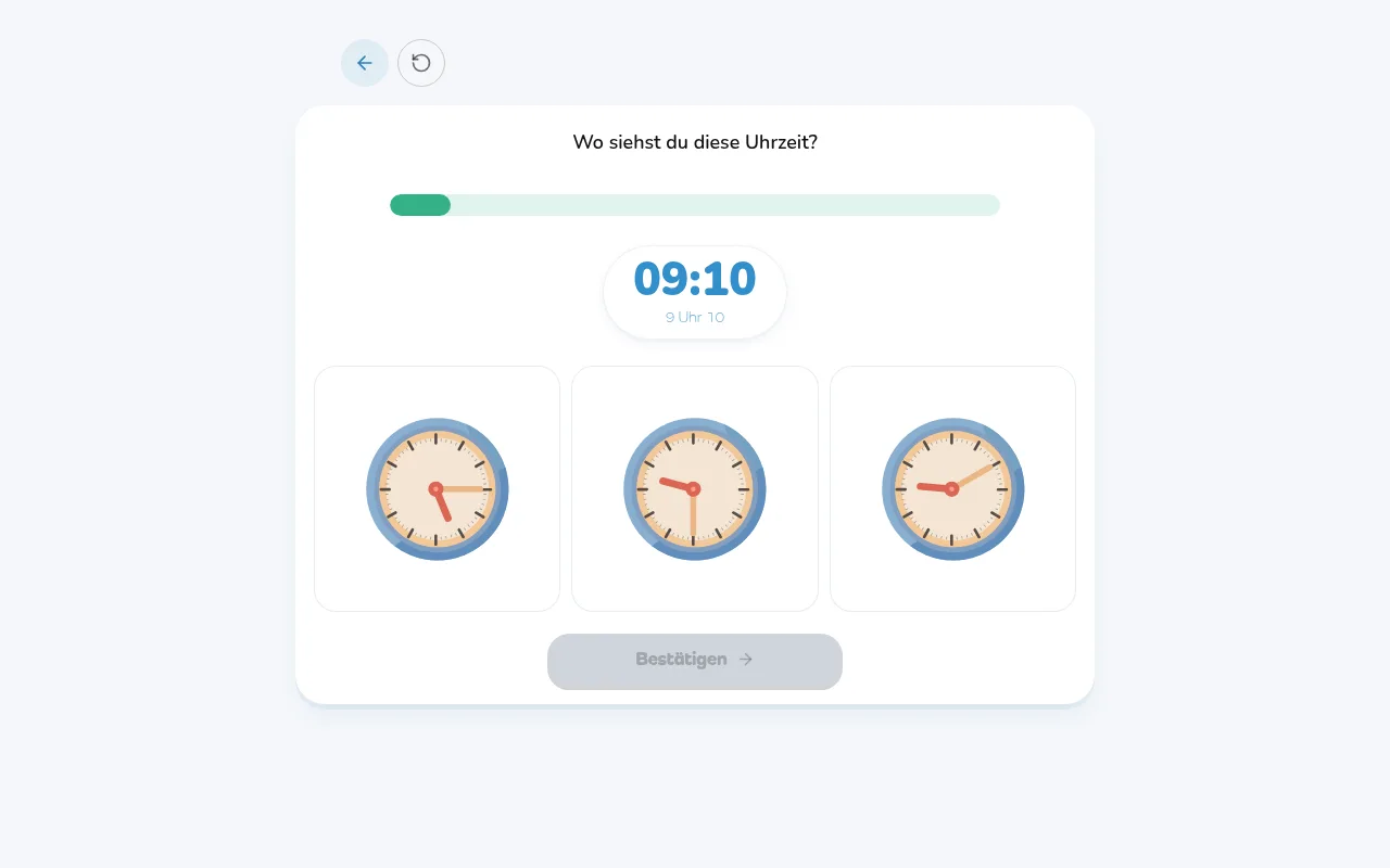 „Finde die richtige Uhr“: Nur eine der drei Uhren zeigt die gesuchte Zeit.