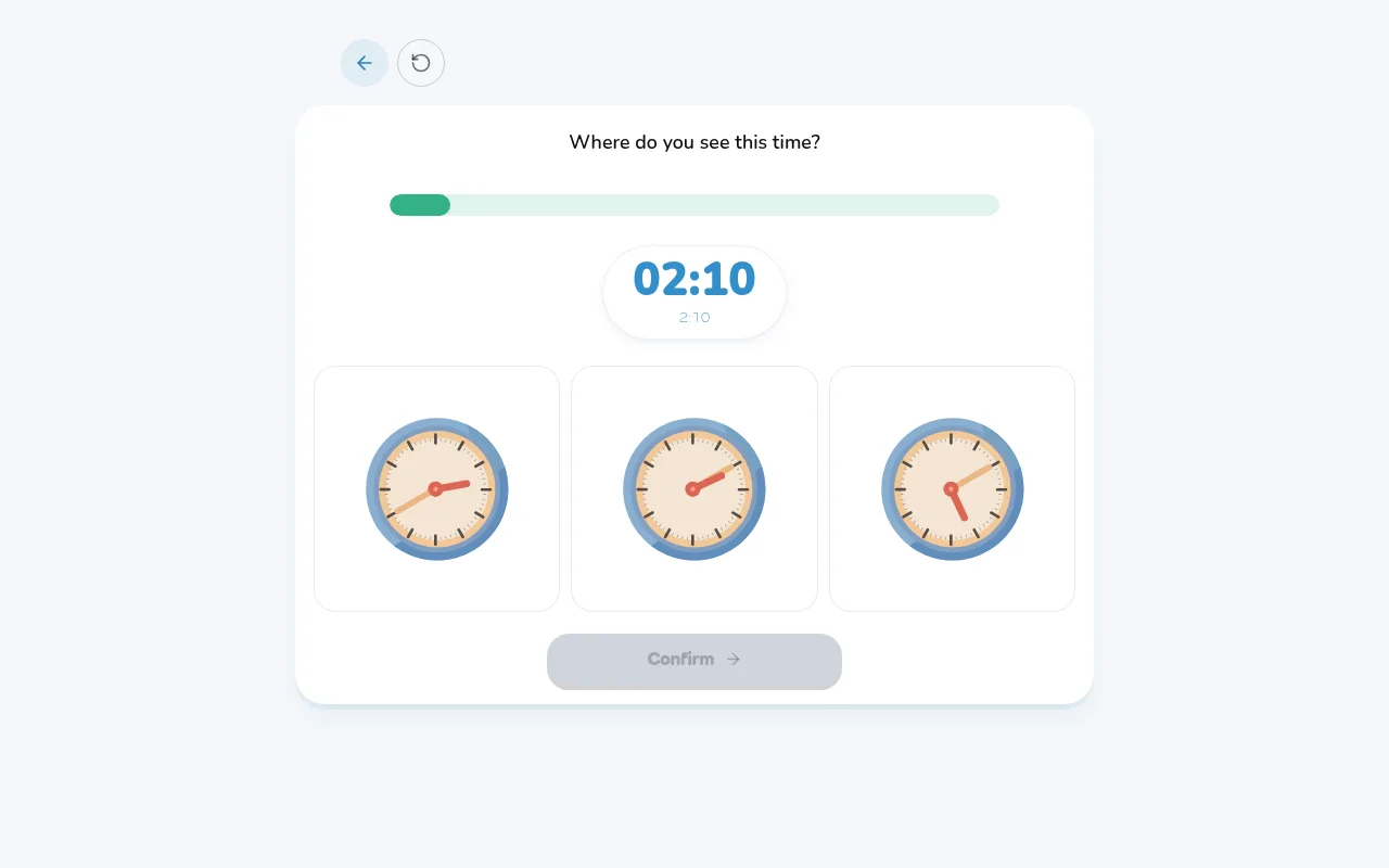 "Find the Right Clock": only one of the three clocks shows the requested time.