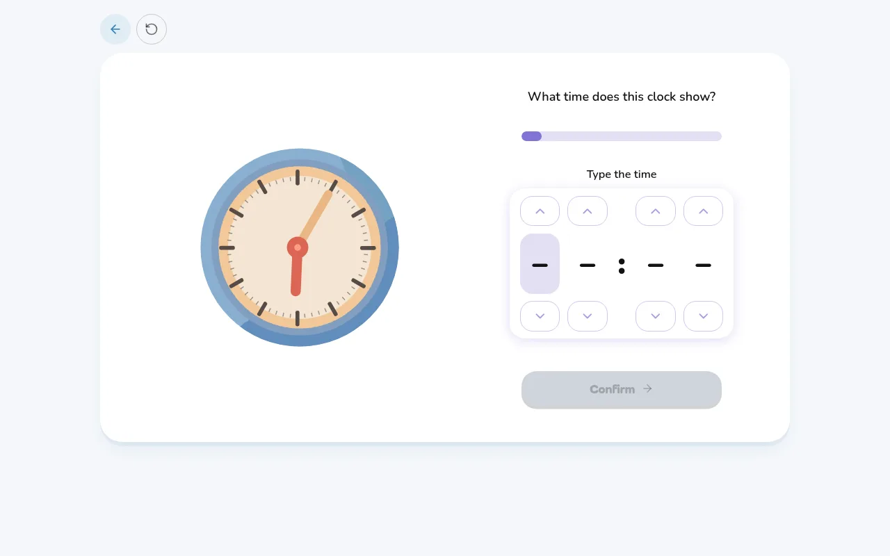 "Read the Clock": type the time you read digit by digit with the arrow keys.